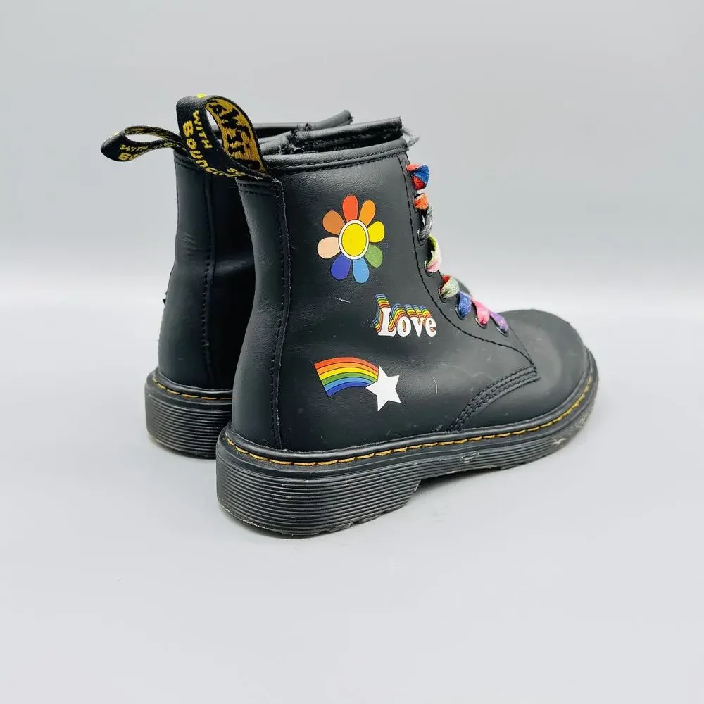 Dr. Martens Boots Youth 2 Black Rainbow Love Pride Stickers Lace Up 1460